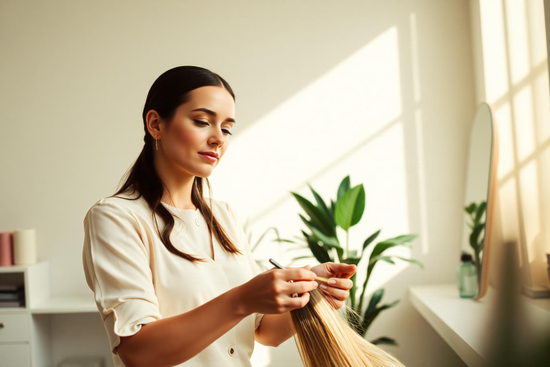 A hair stylist working in a beautiful sunlit salon